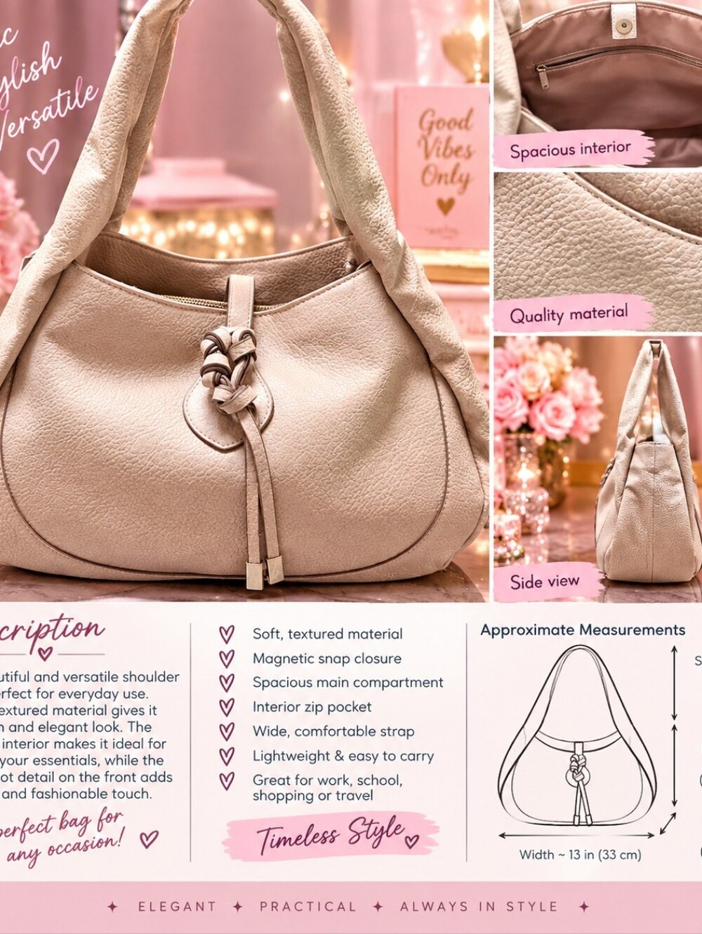 TIME AND TRU Elegant Textured Shoulder Bag - Cream